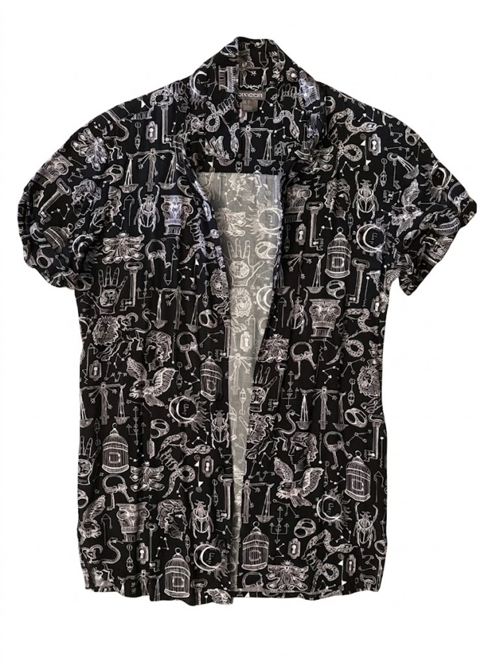 Black Short Sleeve Button Shirt with White Astrology Print